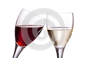 Red and white wine glasses on white background