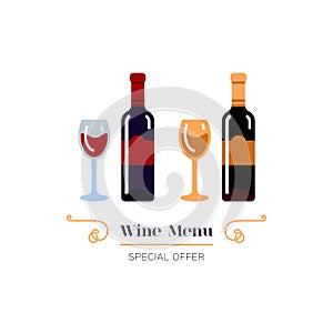 Red and White Wine icon, Wine menu logo. Winemaking, tasting. Glasses and bottles of wine. Emblem design, Vector