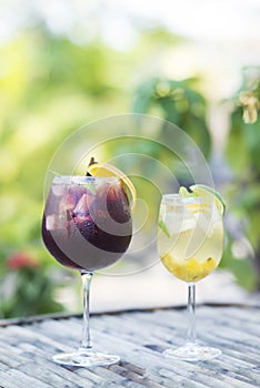 Red and white wine sangria cocktail drinks outside