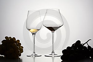 Red, white wine in stemware with dark grapes.
