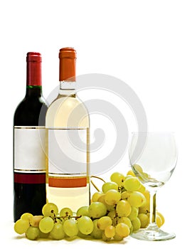 Red and white wine with vine and wineglass