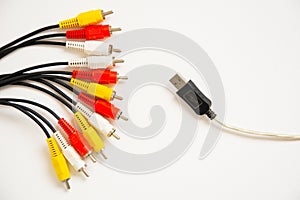 Red white and yellow cords with usb