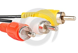 Red, white and yellow RCA connectors for video and stereo audio on a white background.