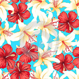 Red, white and yellow tropical hibiscus flowers seamless pattern