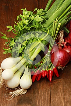 Red and white young onions with red pepper