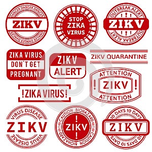 Red and white Zika Virus stamps.