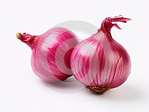 Red whole and chopped onion isolated on white background