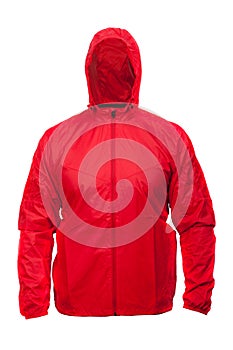 Red windbreaker sports jacket with hood, isolated on white