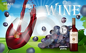 Red wine ad, glass bottle with grape on sunny background design. Transparent wine glass with splash for Brochure, poster