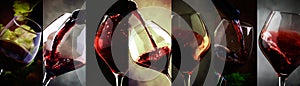 Red wine, alcohol collection in glasses. Wine tasting. Drink background. Close-up, Photo collage