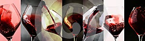 Red wine, alcohol collection in glasses. Wine tasting. Drink background. Close-up, Photo collage