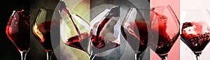 Red wine, alcohol collection in glasses. Wine tasting. Drink background. Close-up, Photo collage