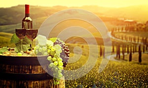 Red wine with barrel on vineyard in green Tuscany, Italy