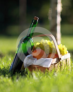 Red wine and basket of fruits