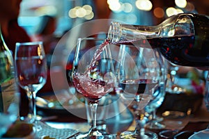 Red wine being poured into a glass at a festive dinner