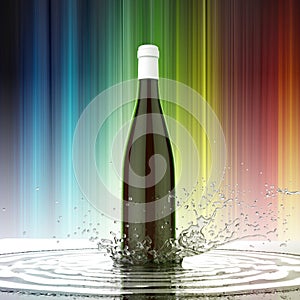 Red wine blank bottle without label on colored background water splash