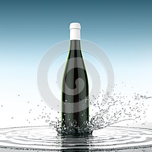 Red wine blank bottle without label on light blue background water splash