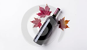 red wine bottle with autumn leaves on a white background
