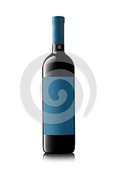 Red wine bottle with blue label on white backgrond