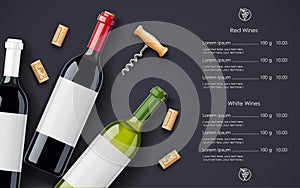 Red Wine bottle, cork and corkscrew concept design for Wines list