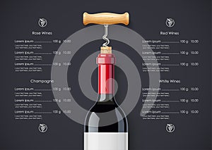 Red Wine bottle, cork and corkscrew concept design for Wines list