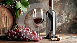 A red wine bottle with an empty surface, a wine glass, a wine barrel and grapes, set against a rustic backdrop