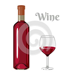 Red wine in bottle and glass. Alcoholic drink. Vector illustration