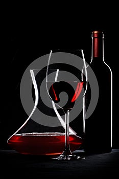 Red wine. Bottle, glass and decanter photo