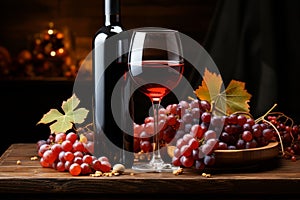 red wine bottle with glass and grapes on a rustic wooden table. Generative AI