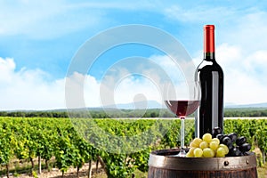 Red wine bottle, glass and grapes on wine barrel