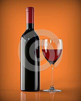 Red Wine bottle and glass on orange