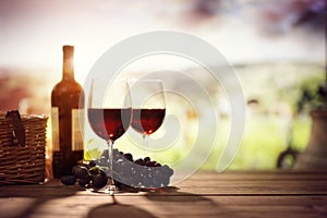 Red wine bottle and glass on table in vineyard Tuscany Italy photo