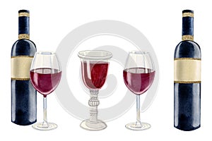 Red wine bottle, glass and transparent goblet watercolor illustration set. Vintage accessories for kiddush and Shabbat