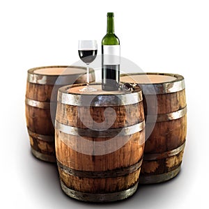 Red wine bottle and glass on a wooden barrel