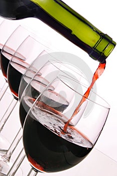 Red wine bottle and glasses