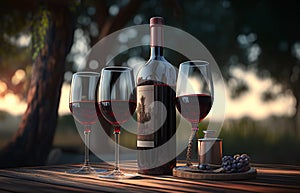 Red wine bottle with glasses on table