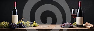 Red wine bottle and grapes on wooden table over blackboard background