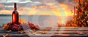 Red wine bottle and grapes on wooden table in vineyard at sunset