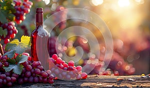 Red wine bottle and grapes on wooden table in vineyard at sunset