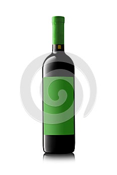 Red wine bottle with green label on white backgrond