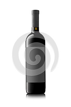 Red wine bottle with grey label on white backgrond