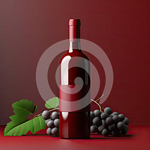 Red Wine Bottle Mockup with Glass, Wineglass, Red Drink, Dry Red Wine, Abstract Generative AI Illustration