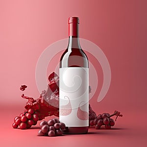 Red Wine Bottle Mockup with Glass, Wineglass, Red Drink, Dry Red Wine, Abstract Generative AI Illustration