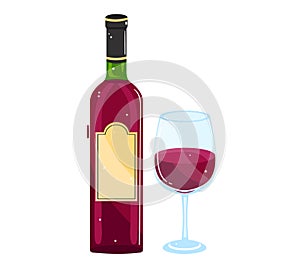 Red wine bottle next to glass half filled. Cartoon style red wine with blank label on bottle vector illustration