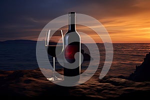 Red Wine Bottle on Ocean Beach, Wine Bottle Mockup on Rocky Shore, Dark Blue Sky Sunset