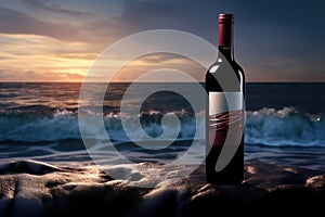 Red Wine Bottle on Ocean Beach, Wine Bottle Mockup on Rocky Shore, Dark Blue Sky Sunset