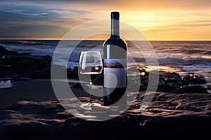 Red Wine Bottle on Ocean Beach, Wine Bottle Mockup on Rocky Shore, Dark Blue Sky Sunset