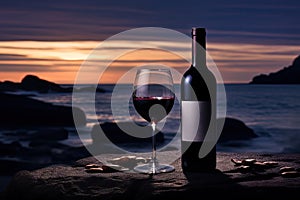 Red Wine Bottle on Ocean Beach, Wine Bottle Mockup on Rocky Shore, Dark Blue Sky Sunset