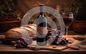 Red wine bottle, sesame bread, bunch of grapes and grape leaves on rustic olive table with vineyard in background. Generative AI