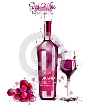 Red wine bottle watercolor Vector. Vintage painted style illustrations